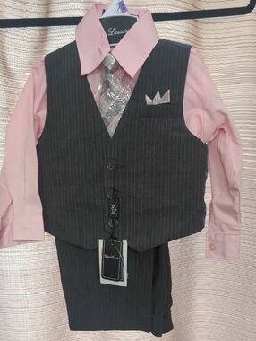 Boys Pink Dress Shirt & Charcoal Pinstripe Vest Matching Set
